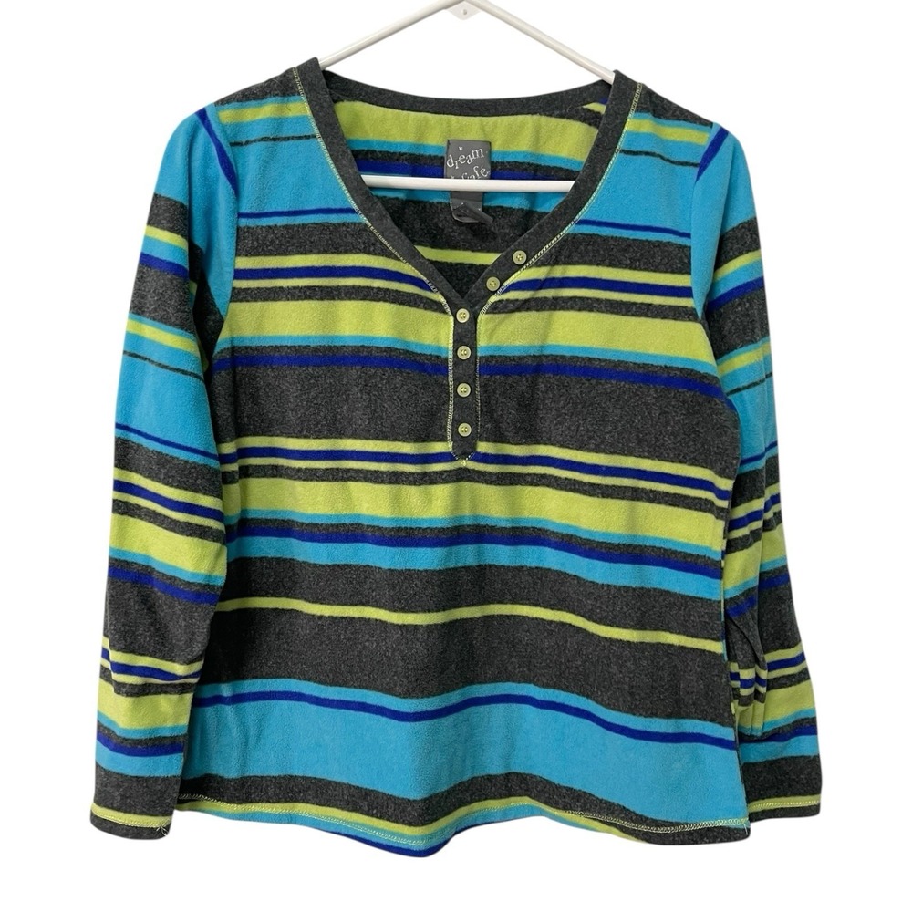 Dream Cafe Medium Green/Blue Striped Fleece Henley Pajama Top Y2K Loungewear